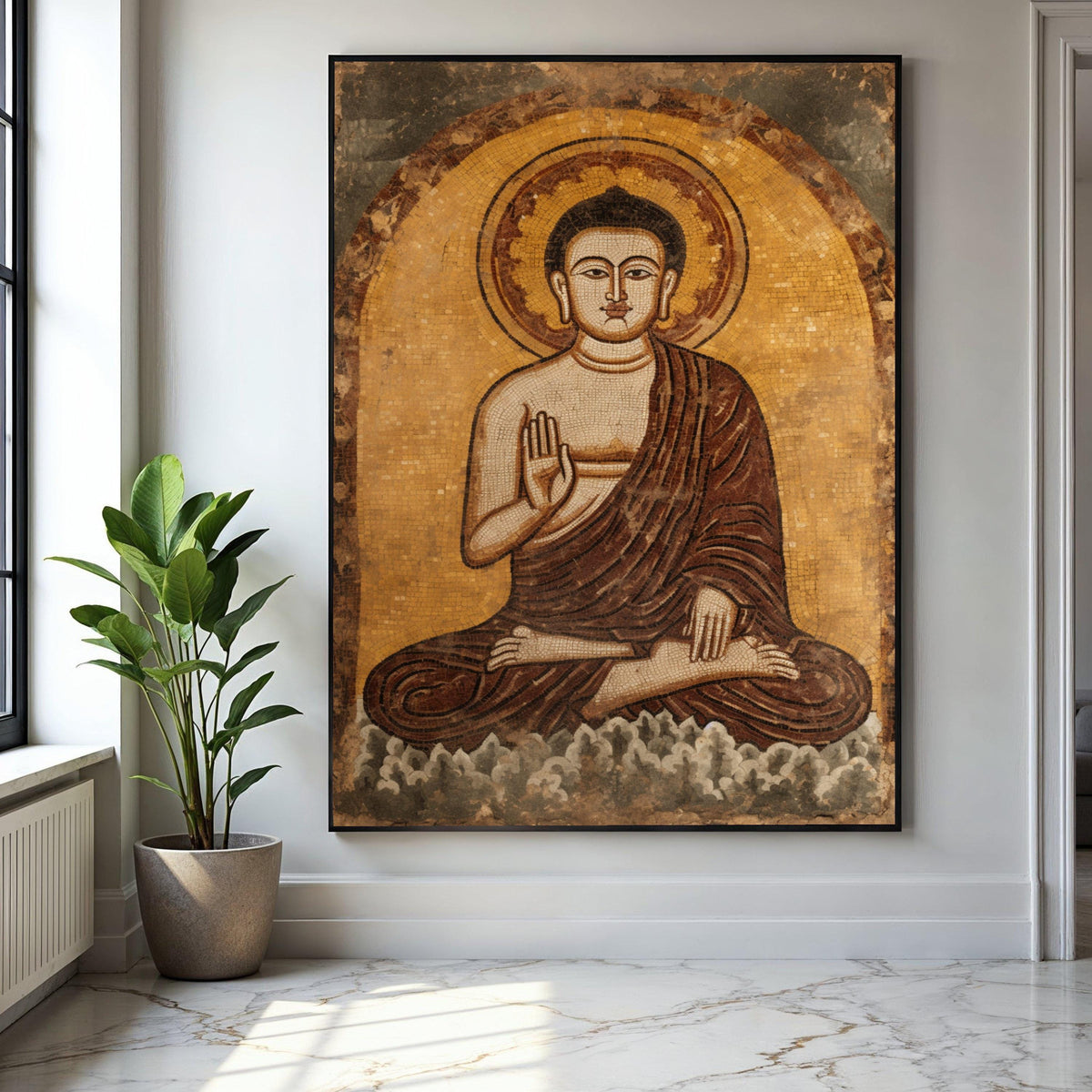 Vintage Buddha Mosaic Canvas Wall Art, Spiritual Meditation Home Decor, Calm Zen Buddhist Artwork, Sacred Gift Art, Home Decor, Print