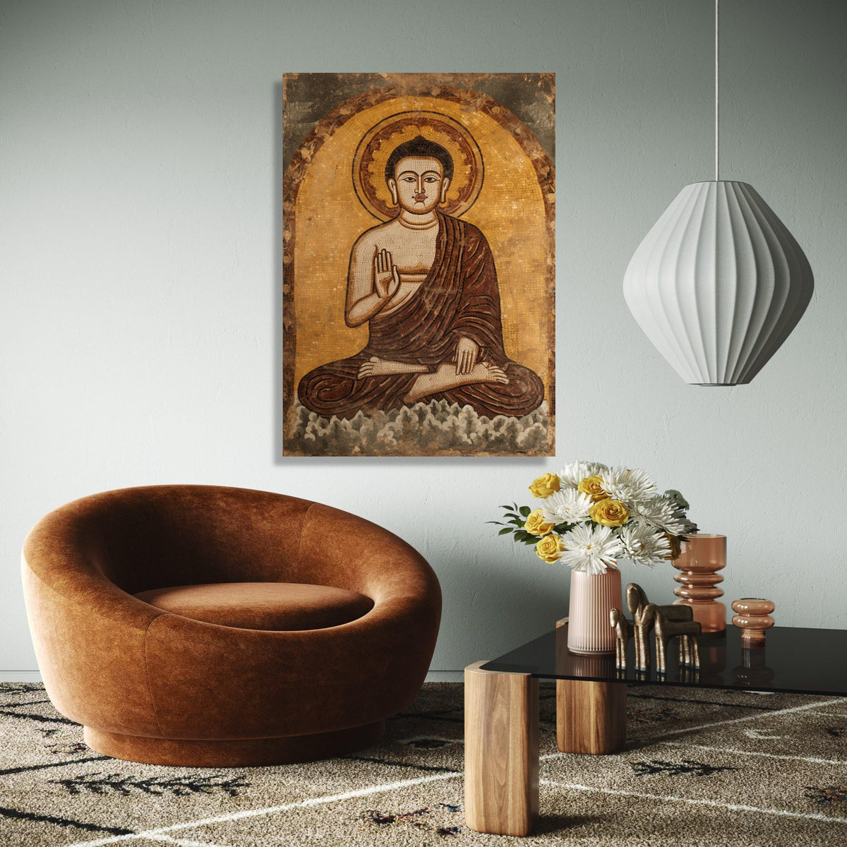 Vintage Buddha Mosaic Canvas Wall Art, Spiritual Meditation Home Decor, Calm Zen Buddhist Artwork, Sacred Gift Art, Home Decor, Print