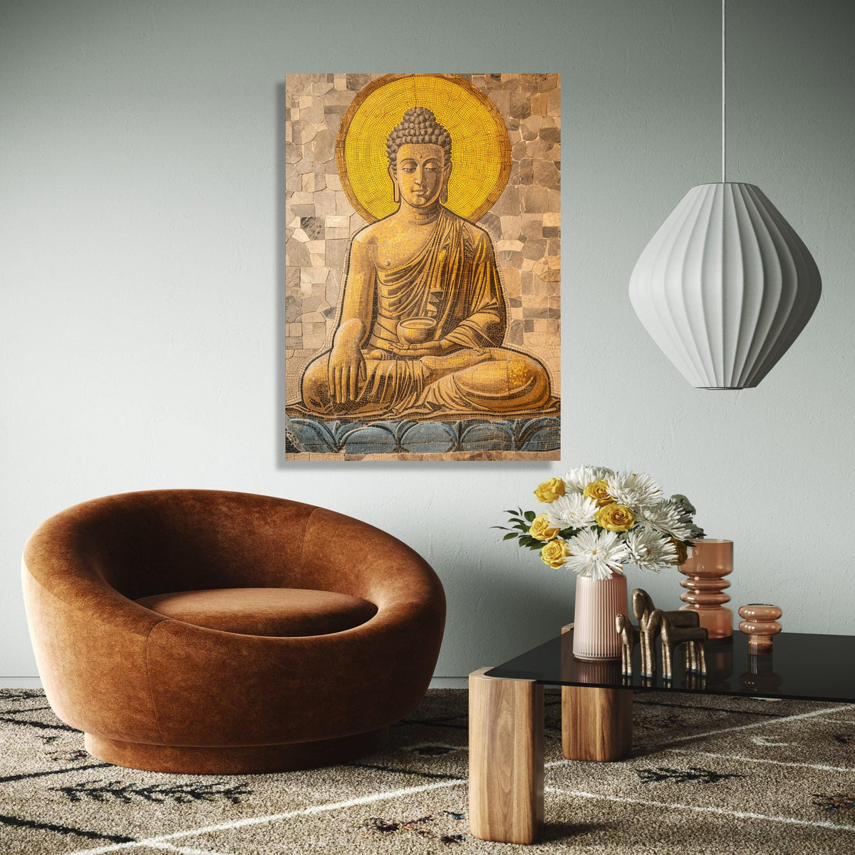 Golden Buddha Mosaic Canvas, Meditation Wall Art, Spiritual Home Decor, Zen Meditation Art, Buddha Statue Canvas Gift Art, Home Decor, Print
