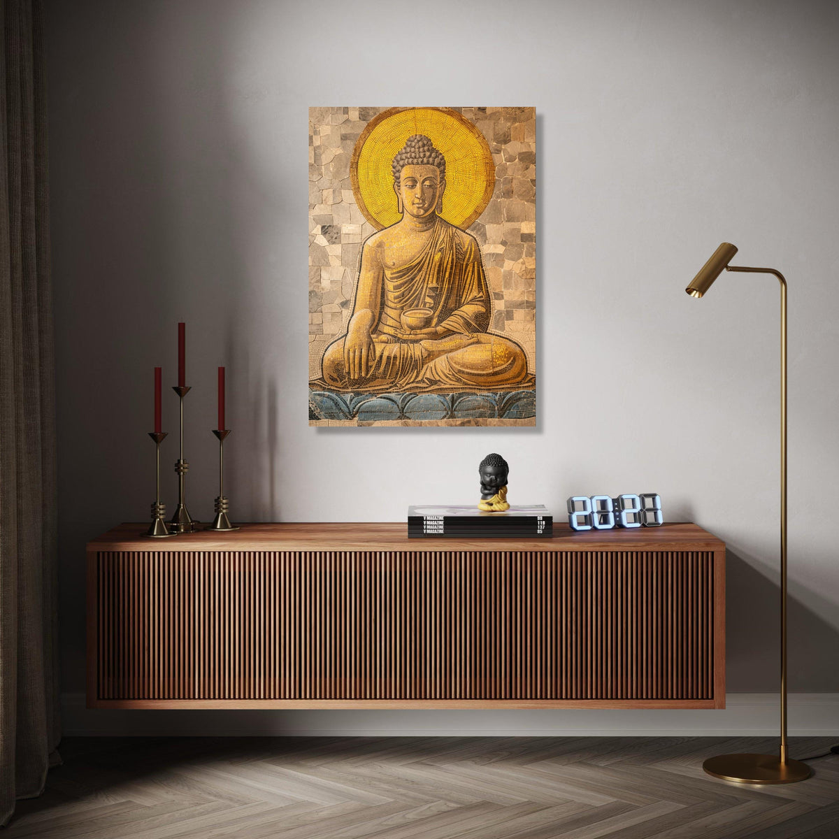 Golden Buddha Mosaic Canvas, Meditation Wall Art, Spiritual Home Decor, Zen Meditation Art, Buddha Statue Canvas Gift Art, Home Decor, Print