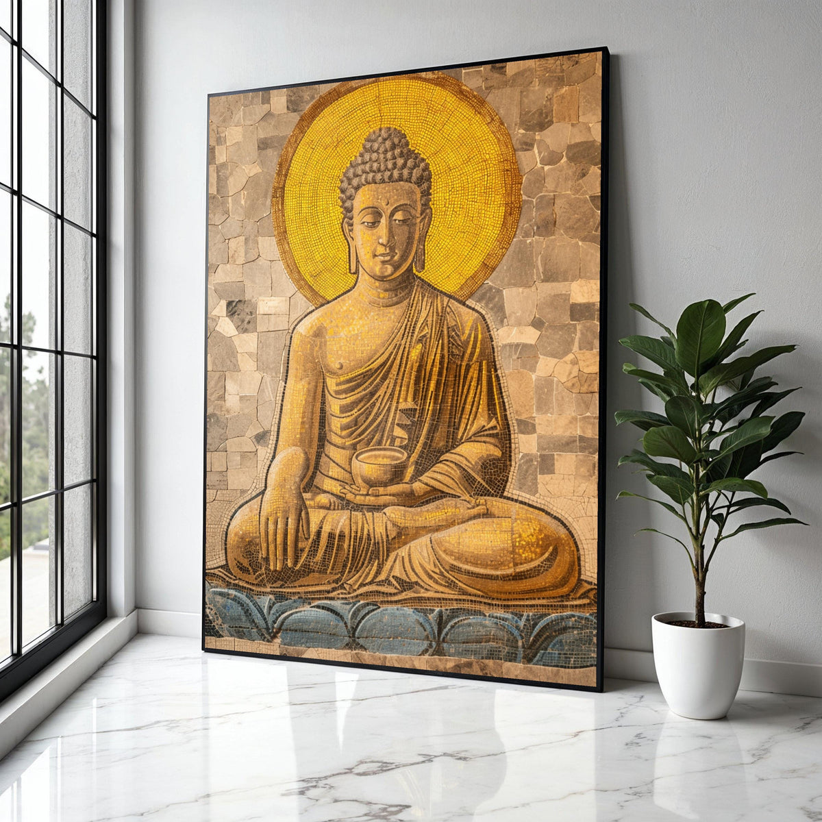 Golden Buddha Mosaic Canvas, Meditation Wall Art, Spiritual Home Decor, Zen Meditation Art, Buddha Statue Canvas Gift Art, Home Decor, Print