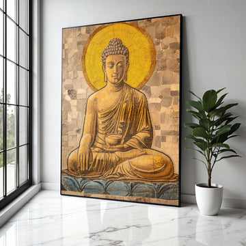 Golden Buddha Mosaic Canvas, Meditation Wall Art, Spiritual Home Decor, Zen Meditation Art, Buddha Statue Canvas Gift Art, Home Decor, Print