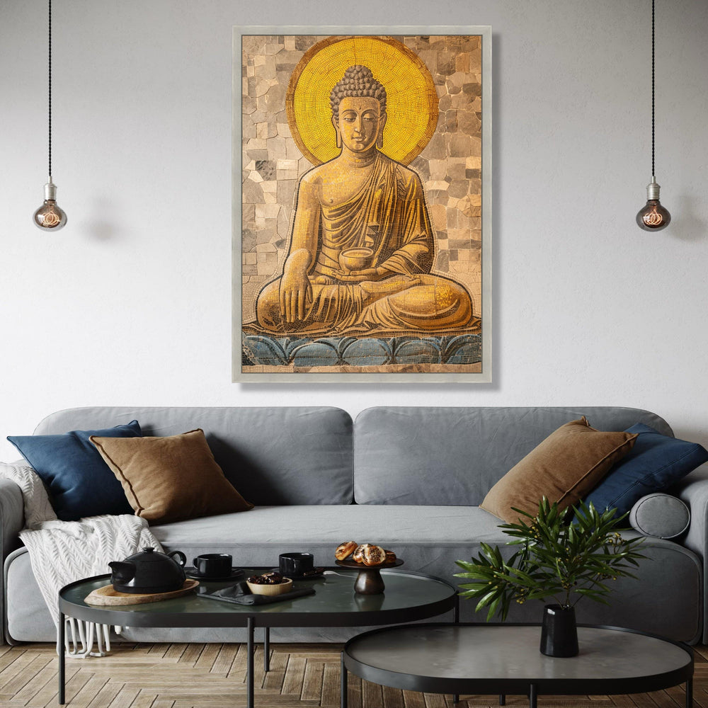 Golden Buddha Mosaic Canvas, Meditation Wall Art, Spiritual Home Decor, Zen Meditation Art, Buddha Statue Canvas Gift Art, Home Decor, Print