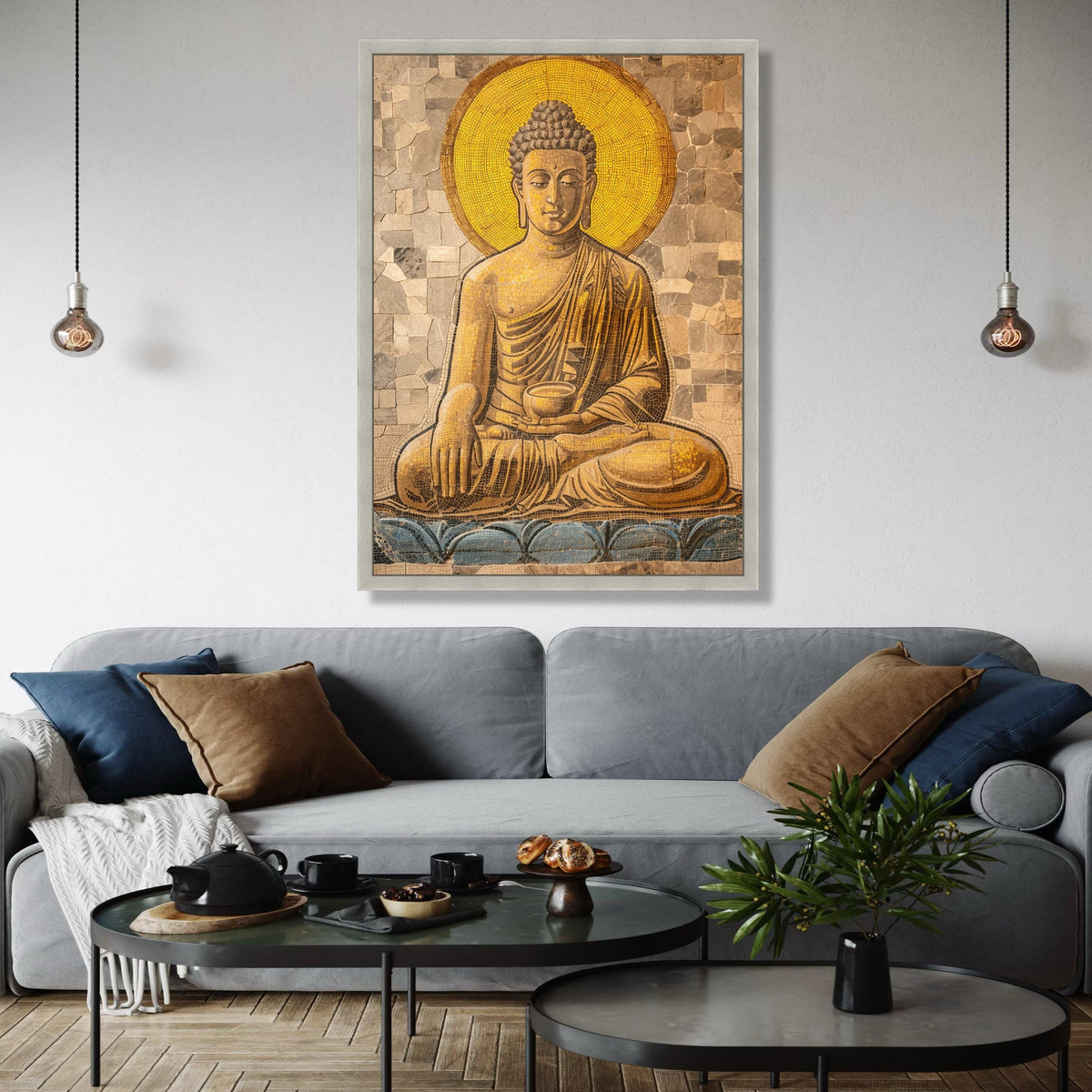 Golden Buddha Mosaic Canvas, Meditation Wall Art, Spiritual Home Decor, Zen Meditation Art, Buddha Statue Canvas Gift Art, Home Decor, Print