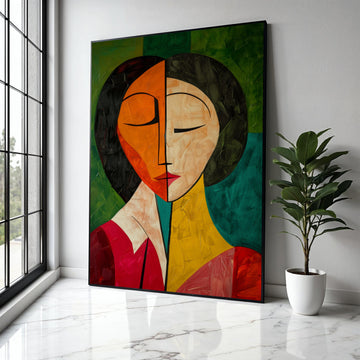 Abstract Dual Tone Face Canvas, Modern Cubism Wall Art, Colorful Portrait Painting, Contemporary Canvas Gift Art, Home Decor, Print