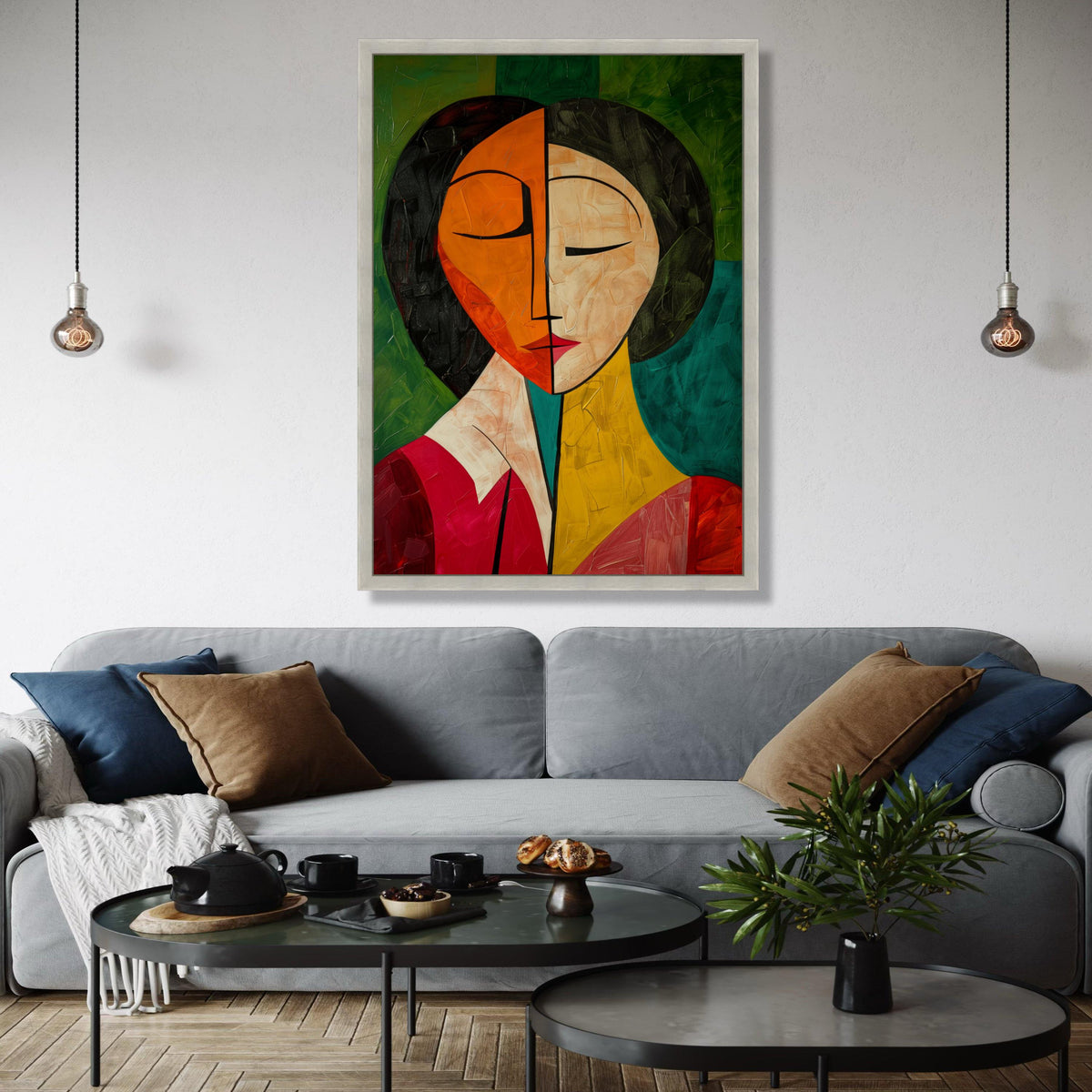 Abstract Dual Tone Face Canvas, Modern Cubism Wall Art, Colorful Portrait Painting, Contemporary Canvas Gift Art, Home Decor, Print