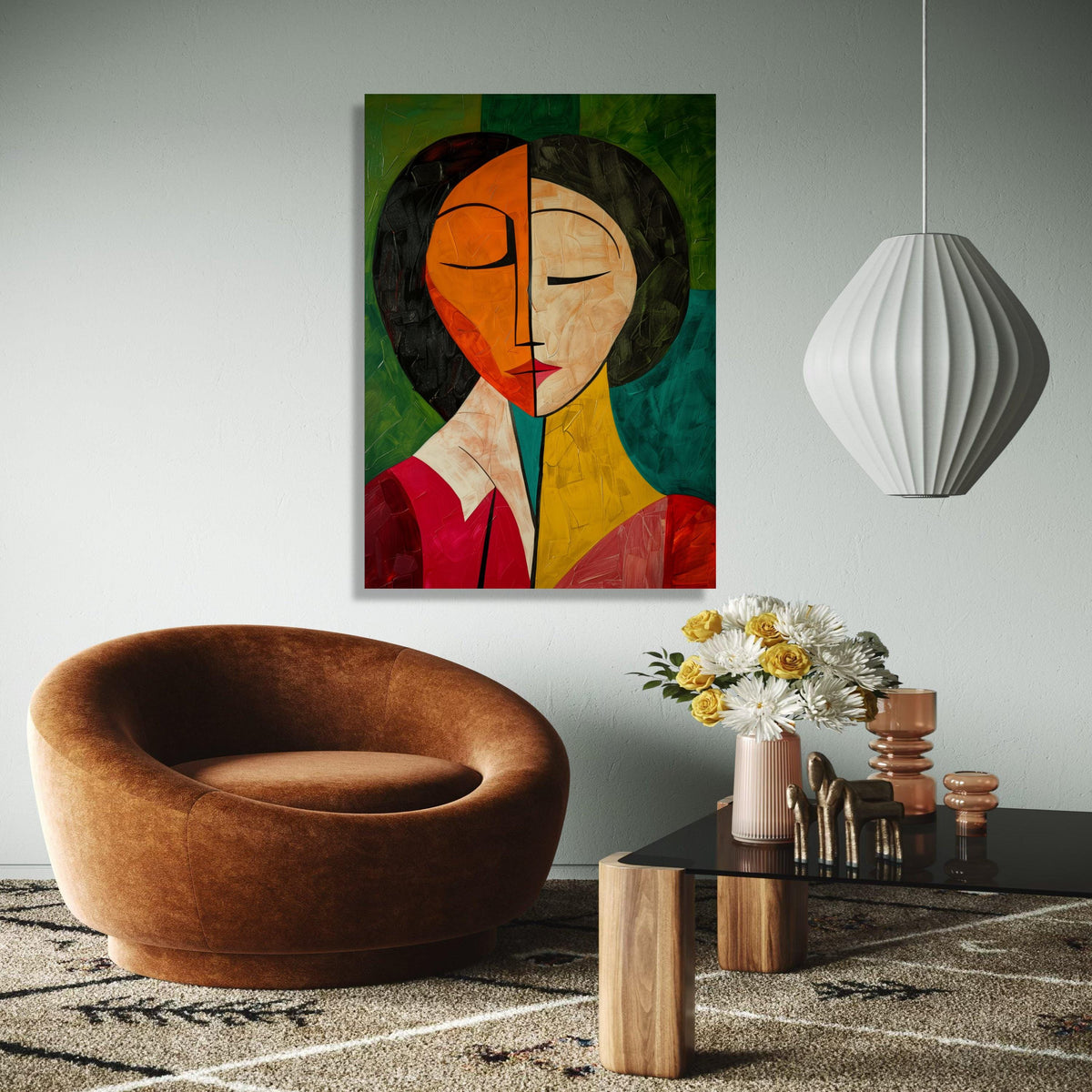 Abstract Dual Tone Face Canvas, Modern Cubism Wall Art, Colorful Portrait Painting, Contemporary Canvas Gift Art, Home Decor, Print