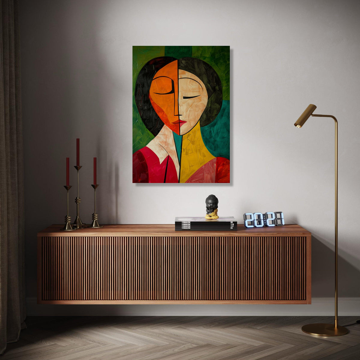 Abstract Dual Tone Face Canvas, Modern Cubism Wall Art, Colorful Portrait Painting, Contemporary Canvas Gift Art, Home Decor, Print
