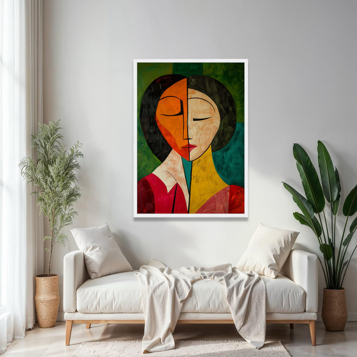 Abstract Dual Tone Face Canvas, Modern Cubism Wall Art, Colorful Portrait Painting, Contemporary Canvas Gift Art, Home Decor, Print