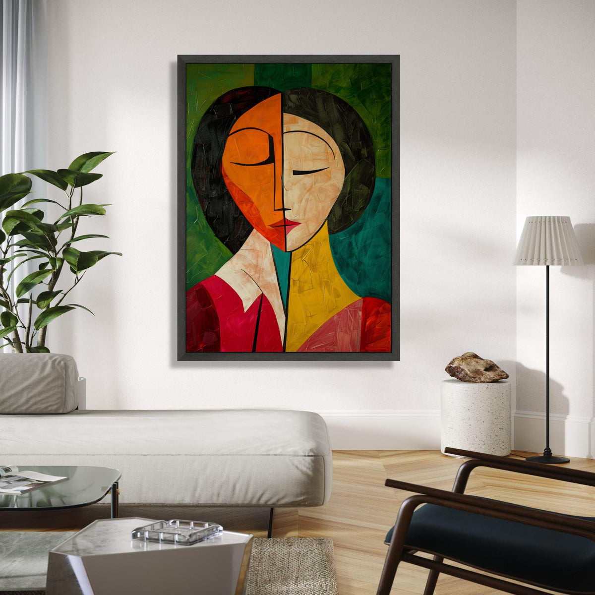 Abstract Dual Tone Face Canvas, Modern Cubism Wall Art, Colorful Portrait Painting, Contemporary Canvas Gift Art, Home Decor, Print