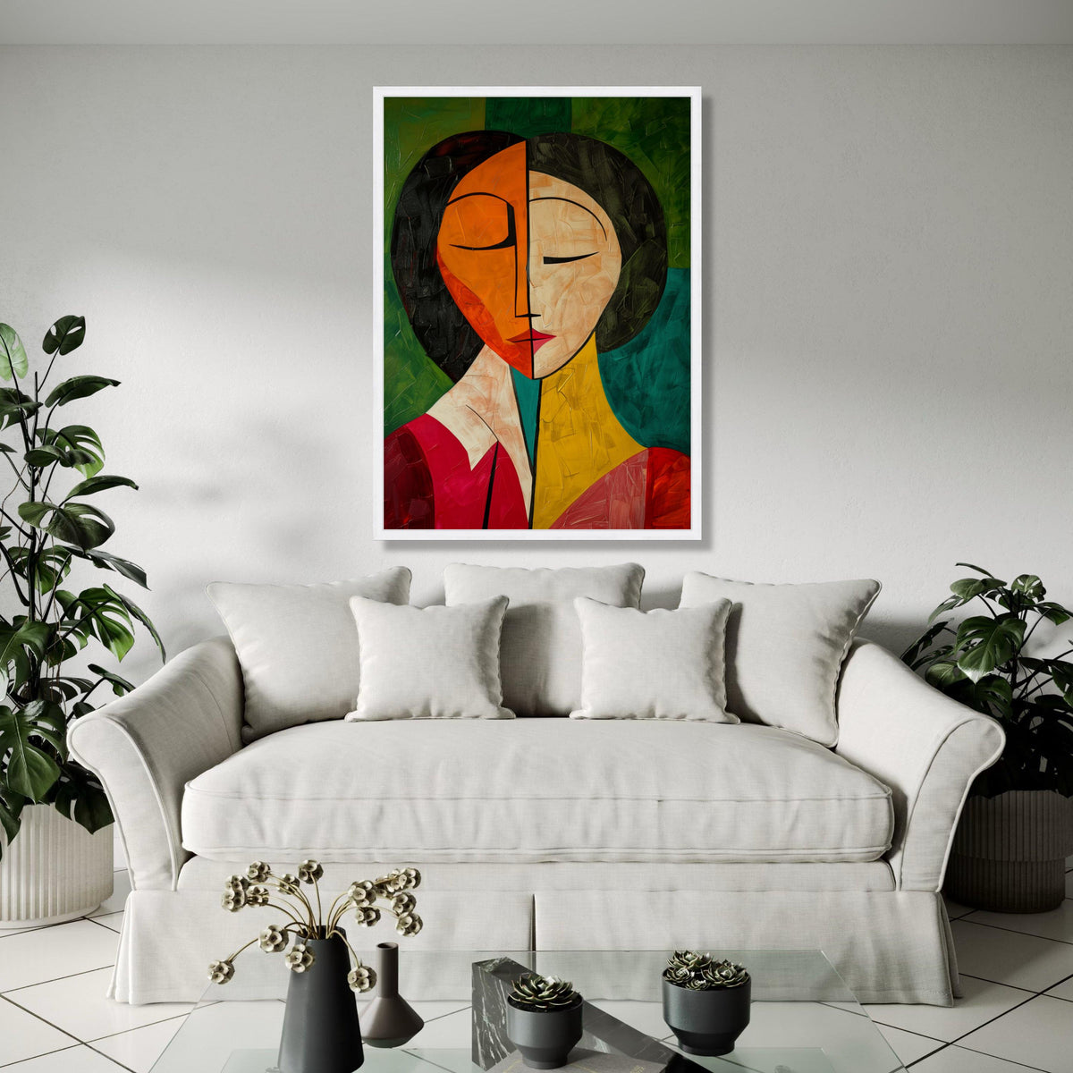 Abstract Dual Tone Face Canvas, Modern Cubism Wall Art, Colorful Portrait Painting, Contemporary Canvas Gift Art, Home Decor, Print