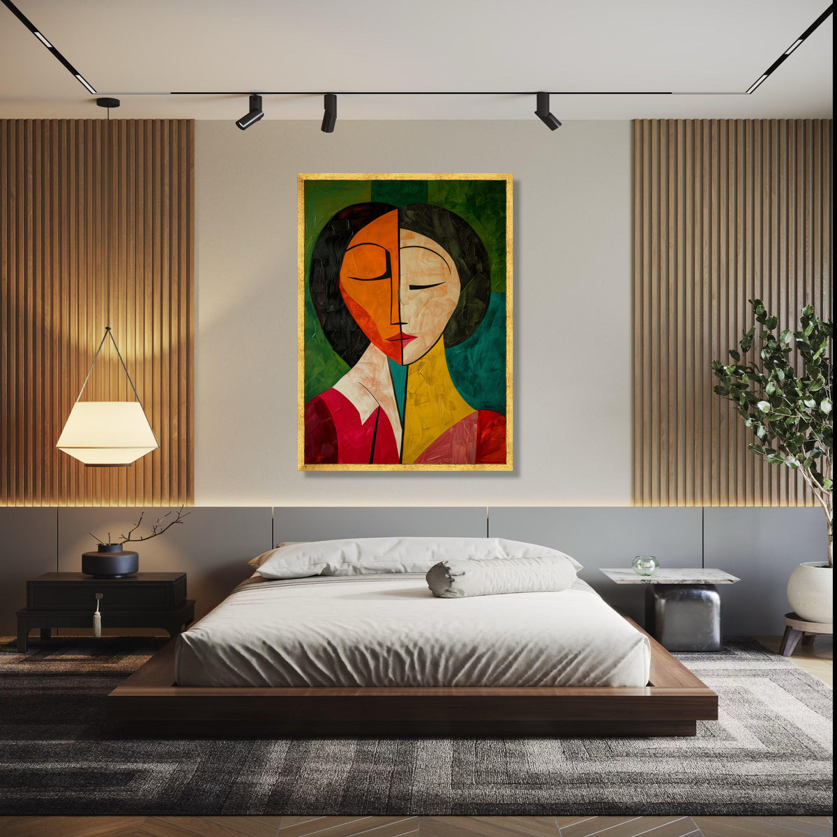 Abstract Dual Tone Face Canvas, Modern Cubism Wall Art, Colorful Portrait Painting, Contemporary Canvas Gift Art, Home Decor, Print