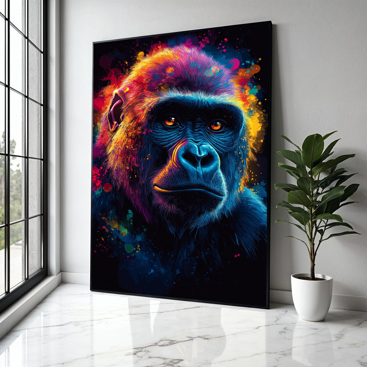 Vibrant Colorful Gorilla Portrait Canvas, Abstract Animal Wall Art, Modern Wildlife Painting, Neon Primate Face Gift Art, Home Decor, Print