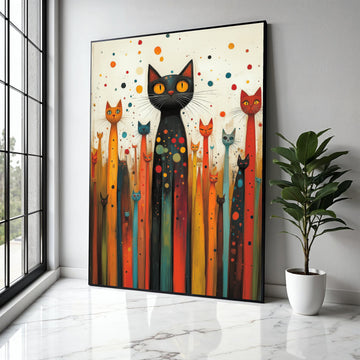 Whimsical Cat Gathering Canvas, Colorful Abstract Cats Wall Art, Playful Feline Home Decor, Modern Animal Canvas Gift Art, Home Decor, Print