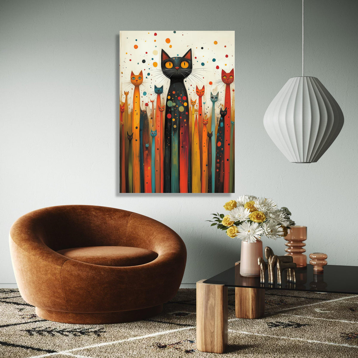 Whimsical Cat Gathering Canvas, Colorful Abstract Cats Wall Art, Playful Feline Home Decor, Modern Animal Canvas Gift Art, Home Decor, Print