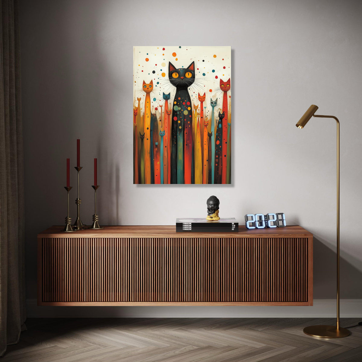 Whimsical Cat Gathering Canvas, Colorful Abstract Cats Wall Art, Playful Feline Home Decor, Modern Animal Canvas Gift Art, Home Decor, Print