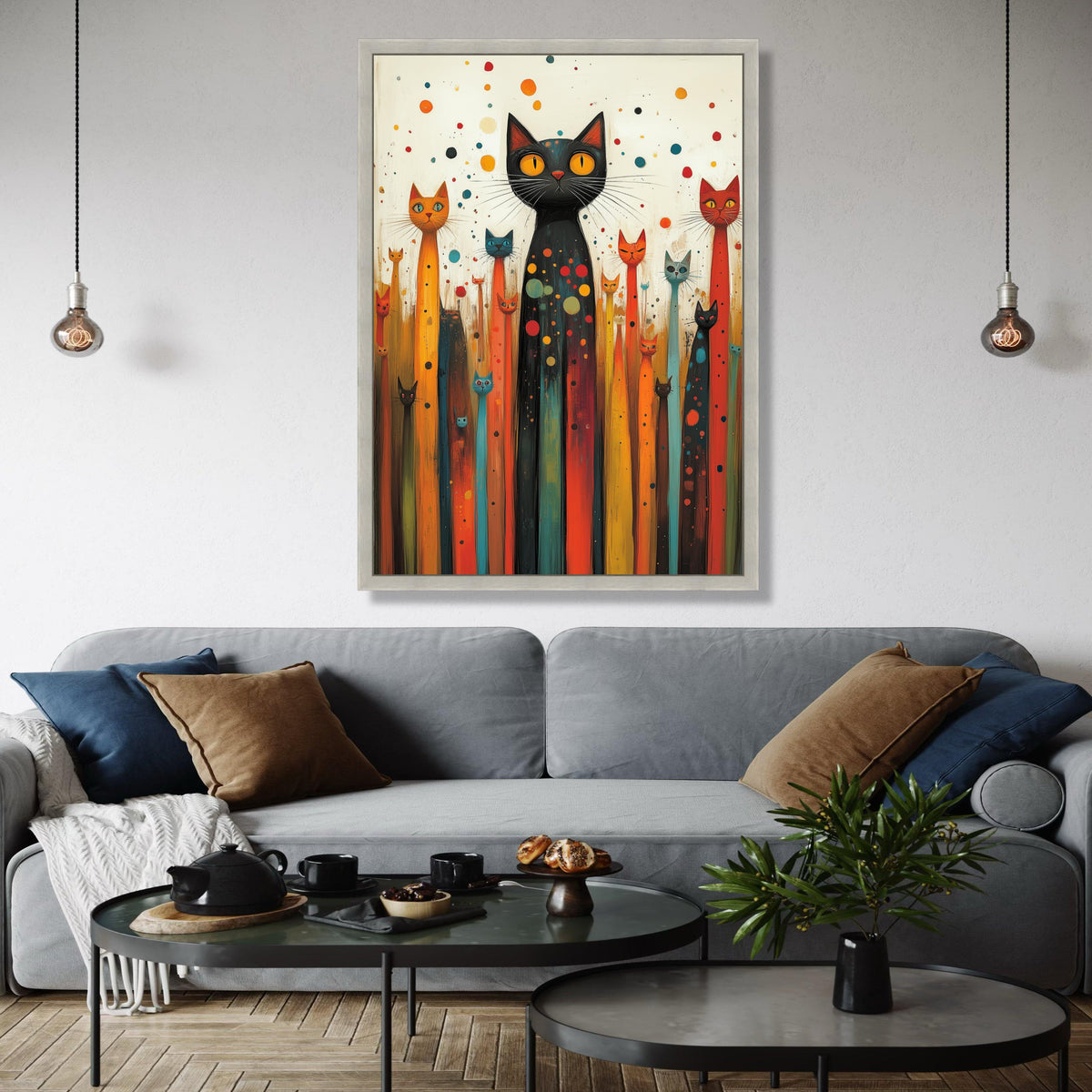 Whimsical Cat Gathering Canvas, Colorful Abstract Cats Wall Art, Playful Feline Home Decor, Modern Animal Canvas Gift Art, Home Decor, Print