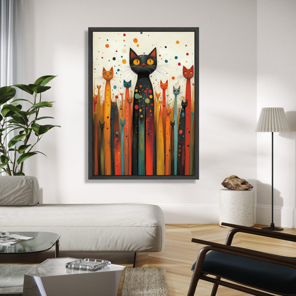 Whimsical Cat Gathering Canvas, Colorful Abstract Cats Wall Art, Playful Feline Home Decor, Modern Animal Canvas Gift Art, Home Decor, Print