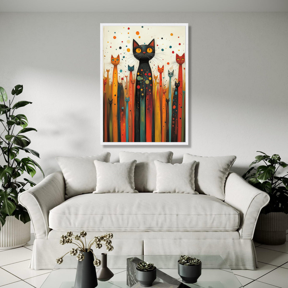 Whimsical Cat Gathering Canvas, Colorful Abstract Cats Wall Art, Playful Feline Home Decor, Modern Animal Canvas Gift Art, Home Decor, Print