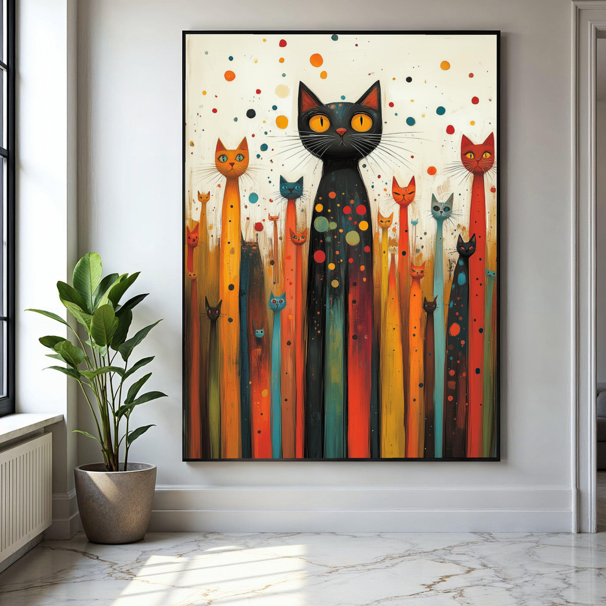 Whimsical Cat Gathering Canvas, Colorful Abstract Cats Wall Art, Playful Feline Home Decor, Modern Animal Canvas Gift Art, Home Decor, Print