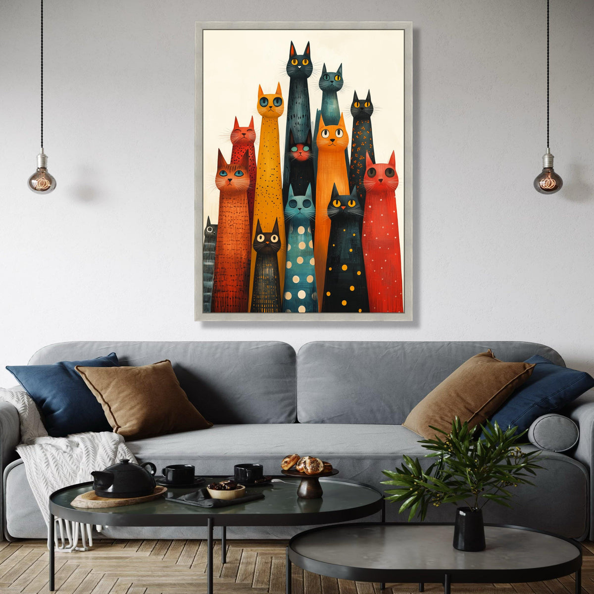 Colorful Long Cat Group Canvas, Abstract Cat Art, Whimsical Feline Wall Decor, Modern Animal Canvas, Playful Gift Art, Home Decor, Print