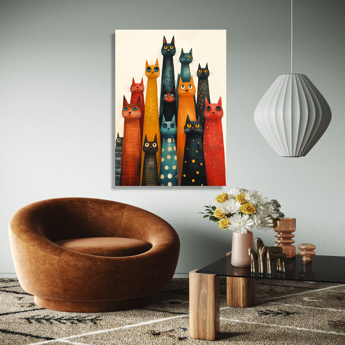 Colorful Long Cat Group Canvas, Abstract Cat Art, Whimsical Feline Wall Decor, Modern Animal Canvas, Playful Gift Art, Home Decor, Print