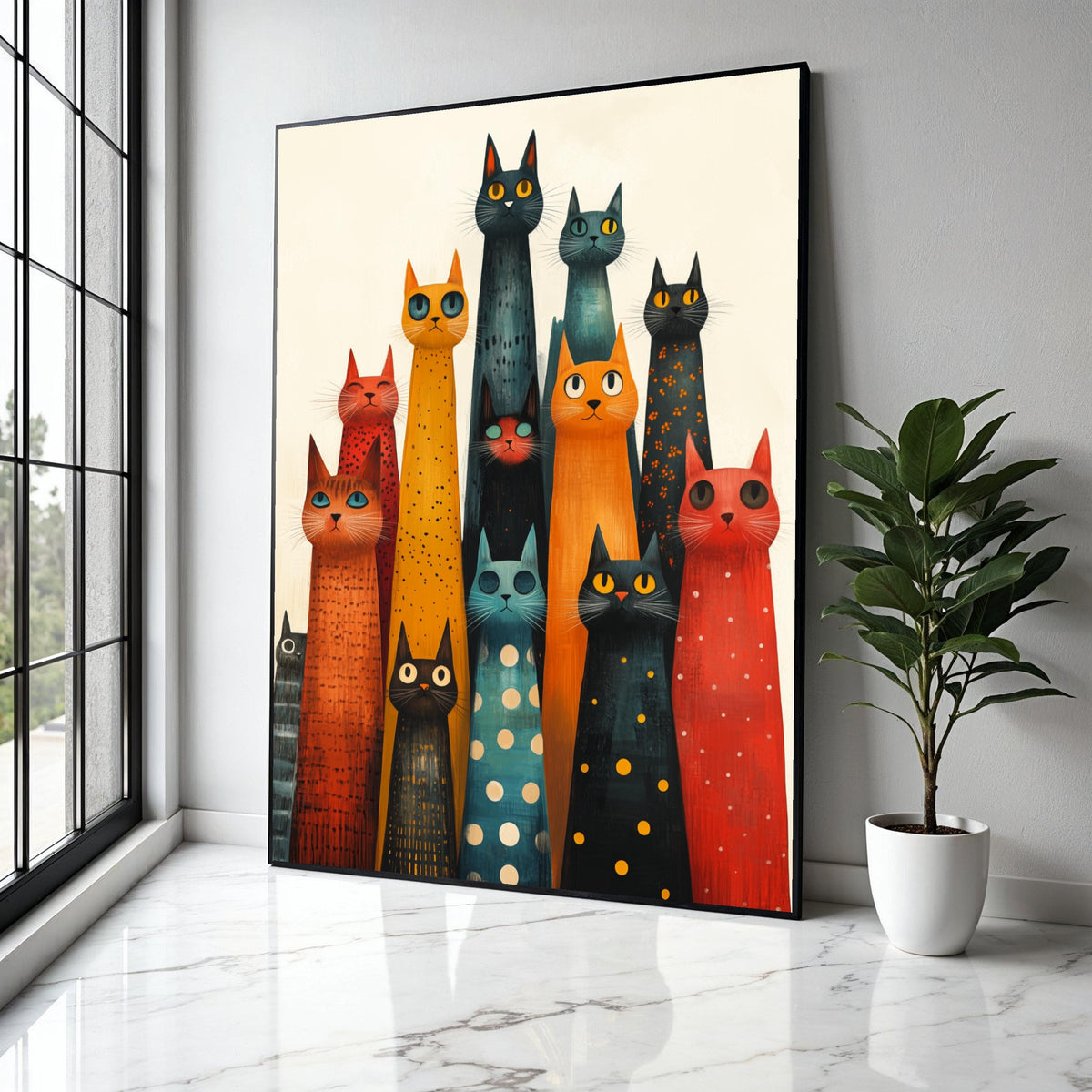 Colorful Long Cat Group Canvas, Abstract Cat Art, Whimsical Feline Wall Decor, Modern Animal Canvas, Playful Gift Art, Home Decor, Print