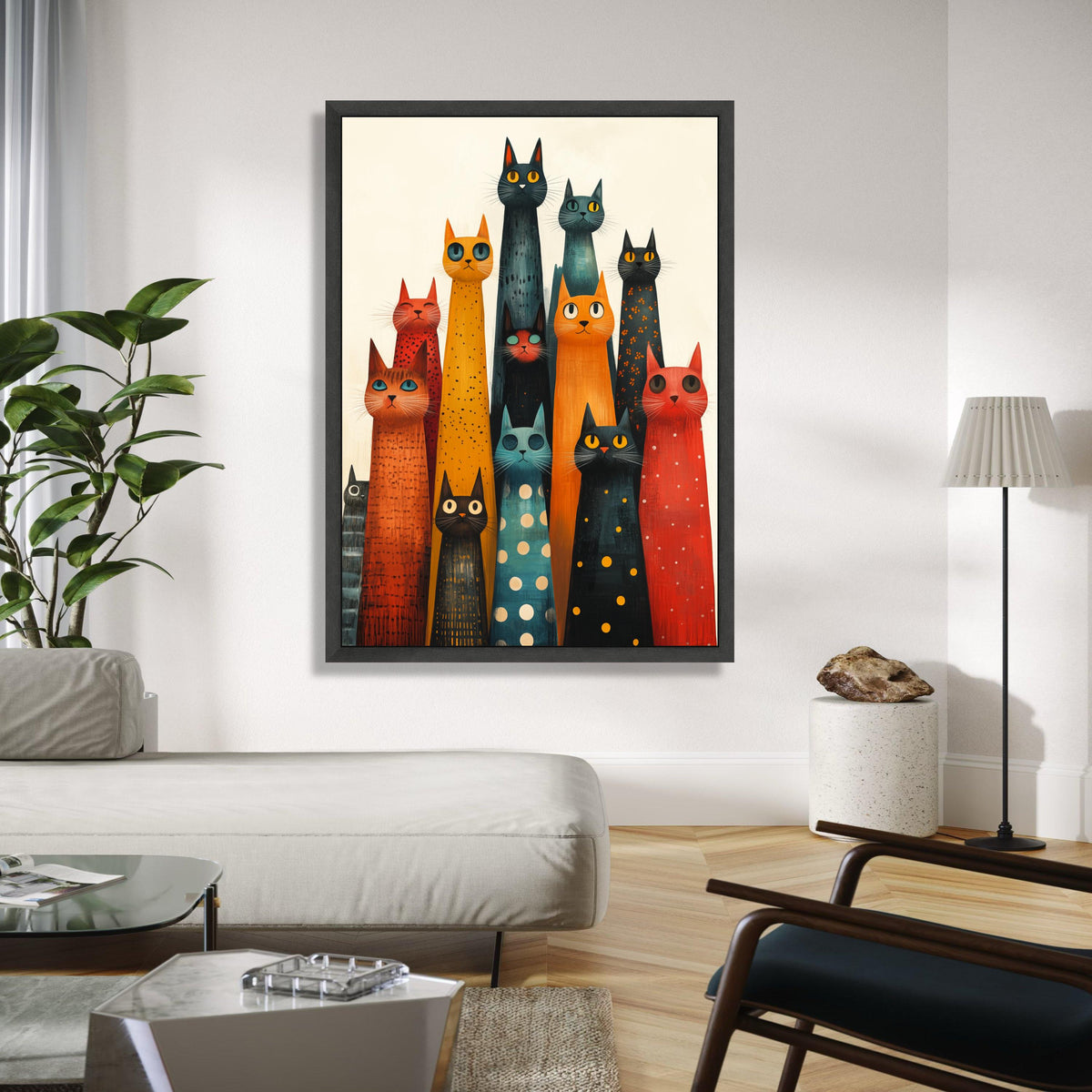Colorful Long Cat Group Canvas, Abstract Cat Art, Whimsical Feline Wall Decor, Modern Animal Canvas, Playful Gift Art, Home Decor, Print