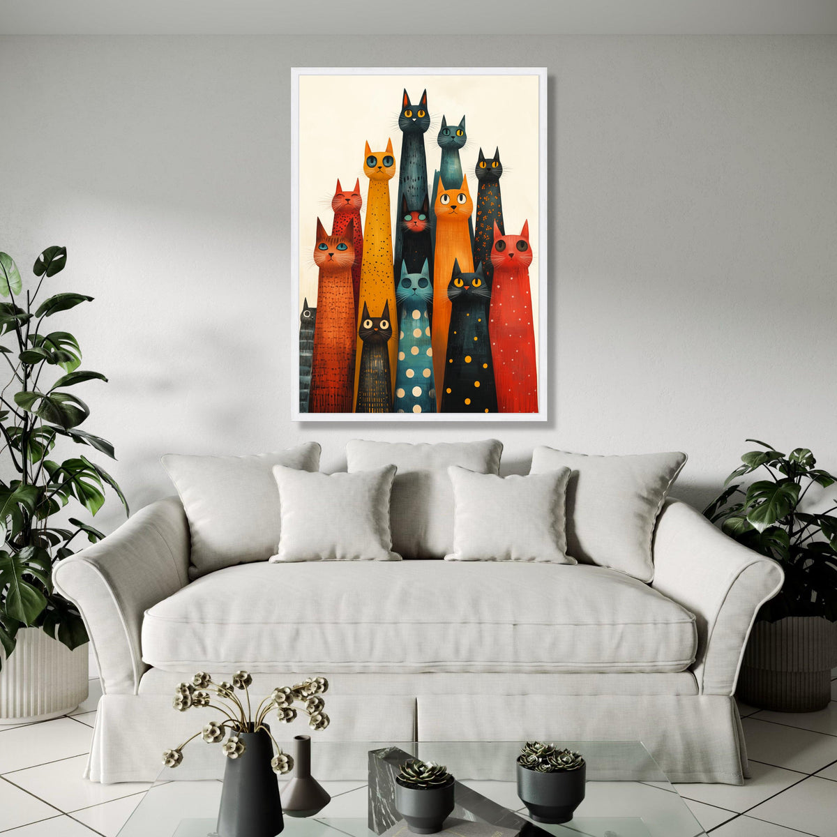 Colorful Long Cat Group Canvas, Abstract Cat Art, Whimsical Feline Wall Decor, Modern Animal Canvas, Playful Gift Art, Home Decor, Print