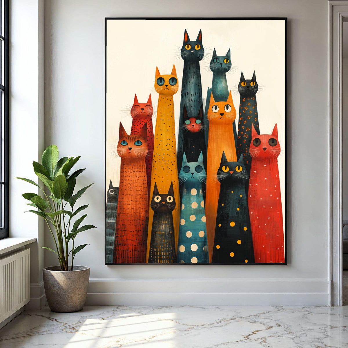 Colorful Long Cat Group Canvas, Abstract Cat Art, Whimsical Feline Wall Decor, Modern Animal Canvas, Playful Gift Art, Home Decor, Print