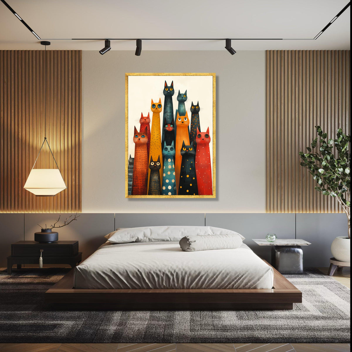 Colorful Long Cat Group Canvas, Abstract Cat Art, Whimsical Feline Wall Decor, Modern Animal Canvas, Playful Gift Art, Home Decor, Print