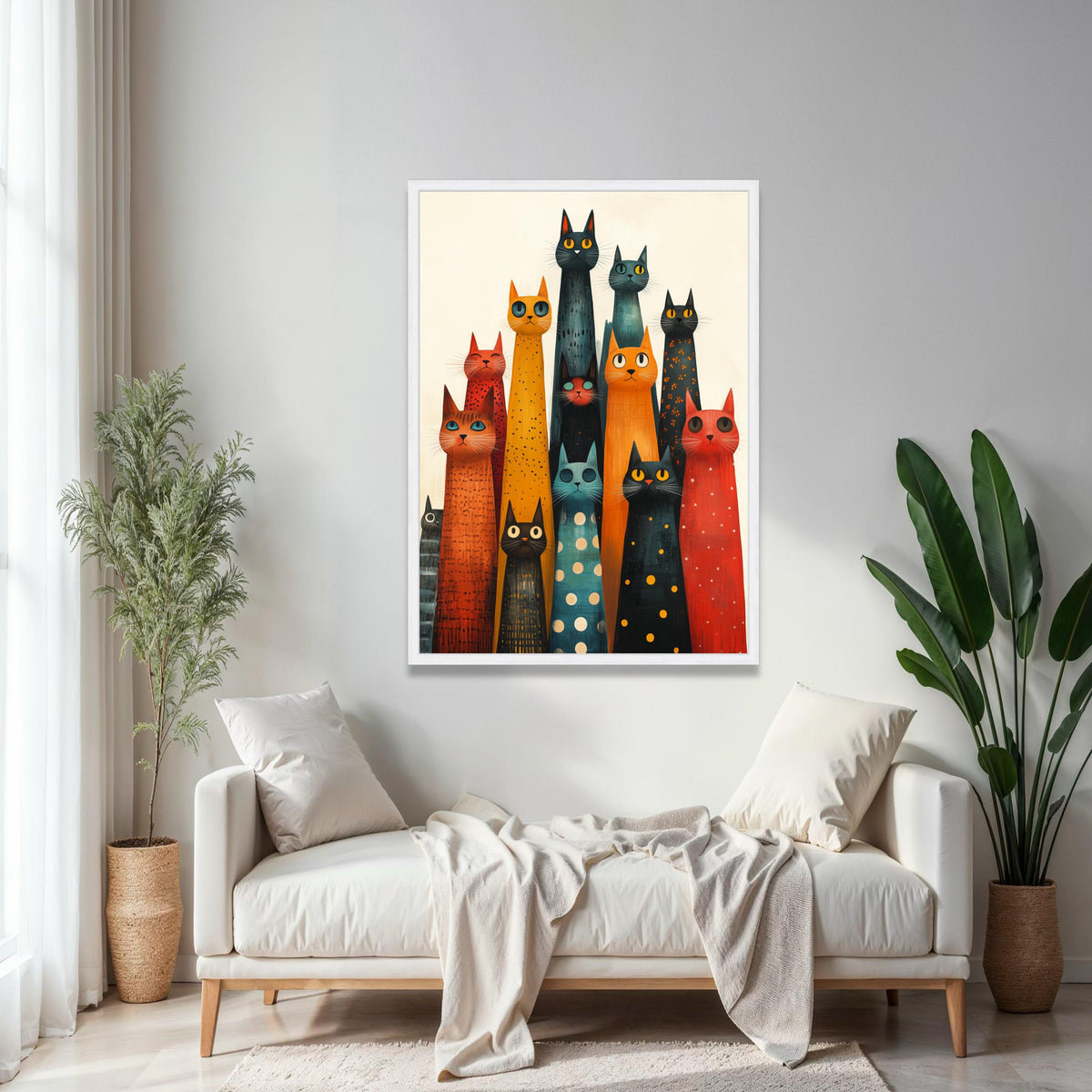 Colorful Long Cat Group Canvas, Abstract Cat Art, Whimsical Feline Wall Decor, Modern Animal Canvas, Playful Gift Art, Home Decor, Print
