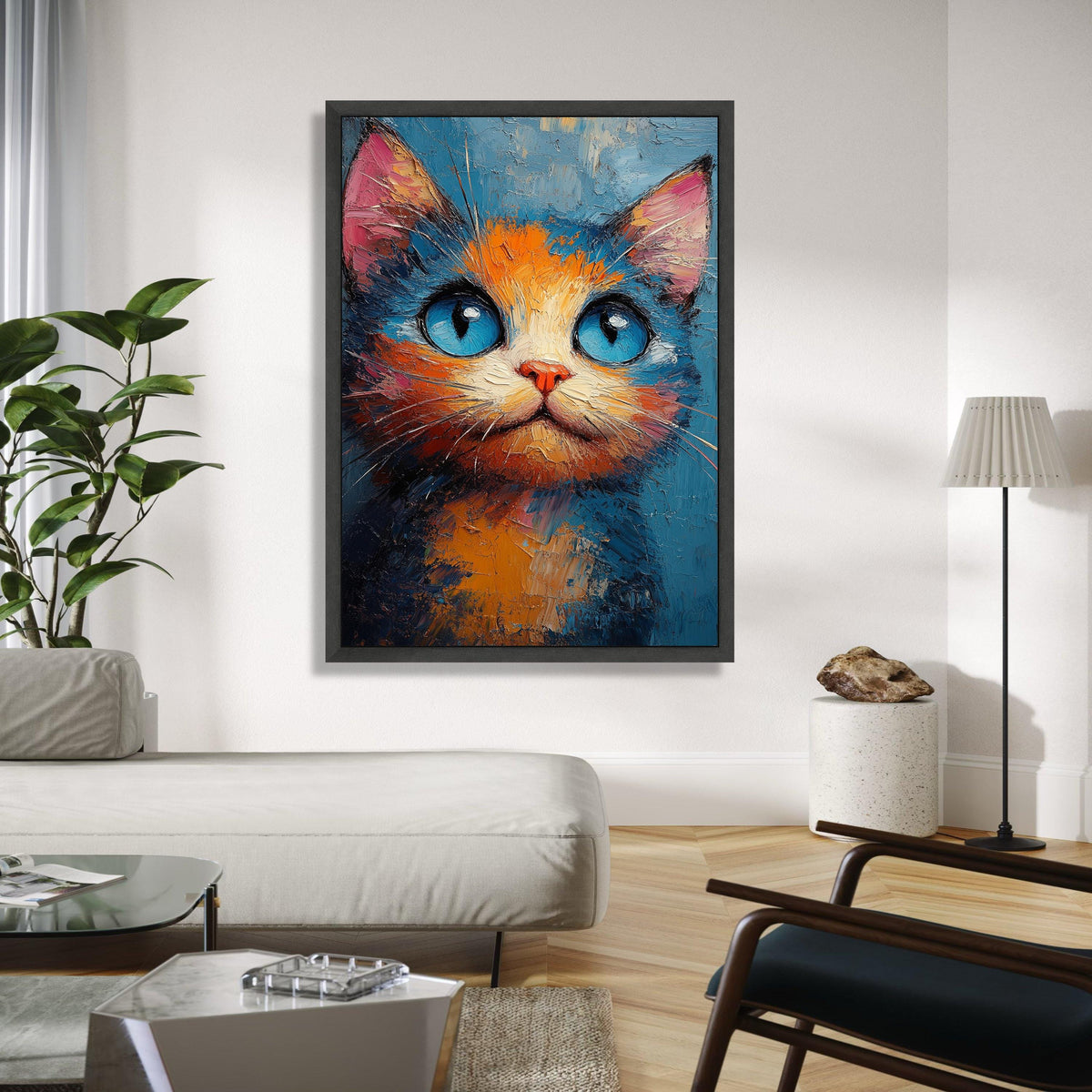 Vibrant Blue Eyed Cat Canvas Wall Art, Abstract Cat Painting, Colorful Feline Portrait, Modern Animal Decor, Gift Art, Home Decor, Print