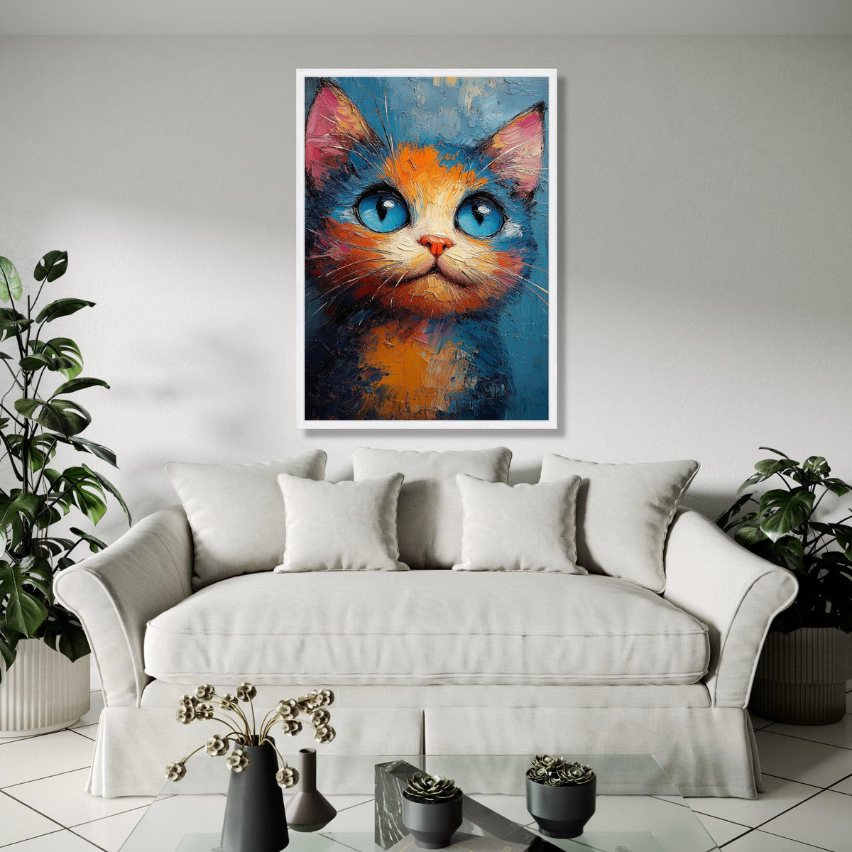 Vibrant Blue Eyed Cat Canvas Wall Art, Abstract Cat Painting, Colorful Feline Portrait, Modern Animal Decor, Gift Art, Home Decor, Print