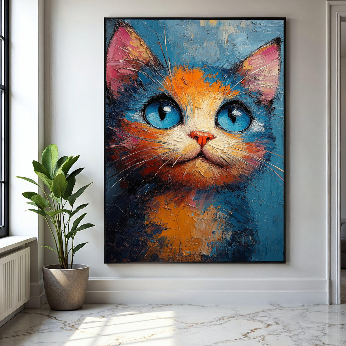 Vibrant Blue Eyed Cat Canvas Wall Art, Abstract Cat Painting, Colorful Feline Portrait, Modern Animal Decor, Gift Art, Home Decor, Print