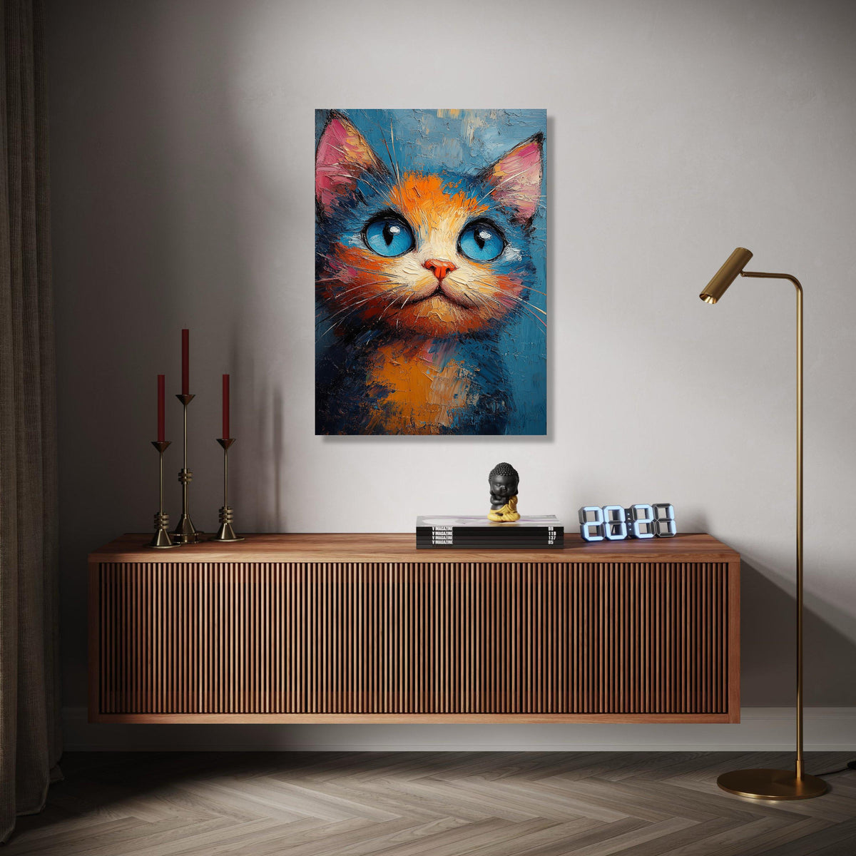 Vibrant Blue Eyed Cat Canvas Wall Art, Abstract Cat Painting, Colorful Feline Portrait, Modern Animal Decor, Gift Art, Home Decor, Print