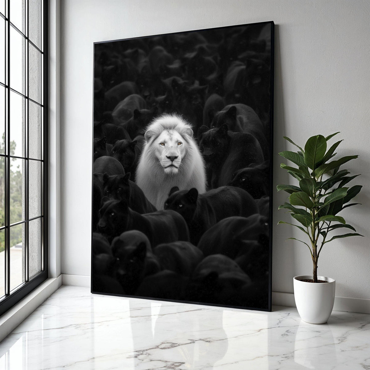 White Lion Among Black Panthers Canvas, Wildlife Contrast Wall Art, Bold Animal Portrait, Monochrome Safari Gift Art, Home Decor, Print