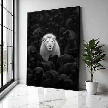 White Lion Among Black Panthers Canvas, Wildlife Contrast Wall Art, Bold Animal Portrait, Monochrome Safari Gift Art, Home Decor, Print