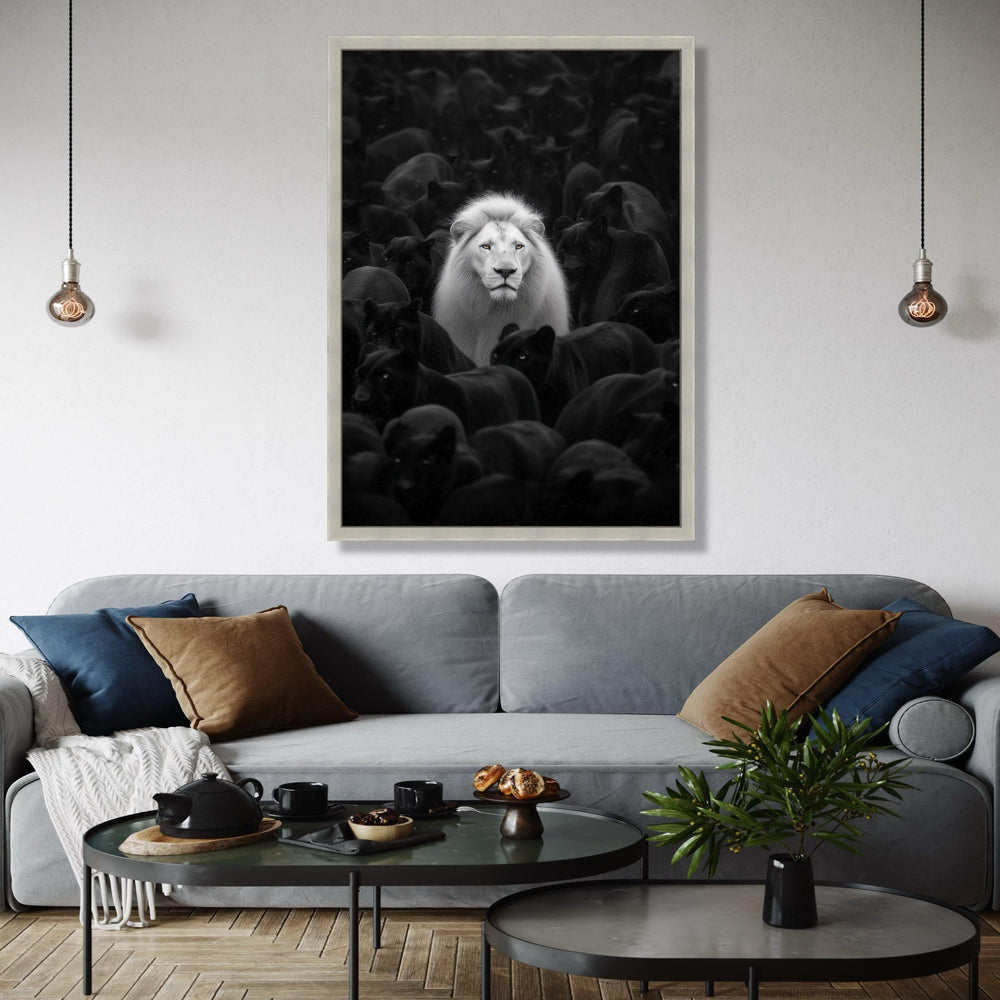 White Lion Among Black Panthers Canvas, Wildlife Contrast Wall Art, Bold Animal Portrait, Monochrome Safari Gift Art, Home Decor, Print