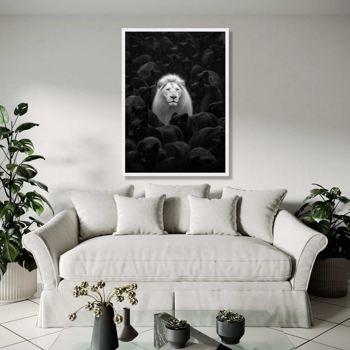 White Lion Among Black Panthers Canvas, Wildlife Contrast Wall Art, Bold Animal Portrait, Monochrome Safari Gift Art, Home Decor, Print