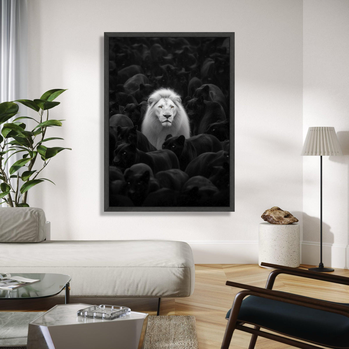 White Lion Among Black Panthers Canvas, Wildlife Contrast Wall Art, Bold Animal Portrait, Monochrome Safari Gift Art, Home Decor, Print