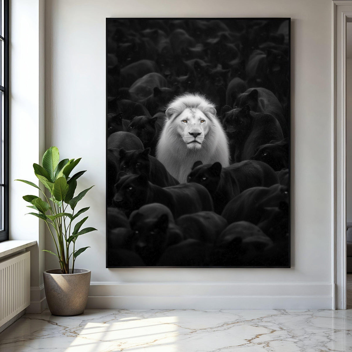 White Lion Among Black Panthers Canvas, Wildlife Contrast Wall Art, Bold Animal Portrait, Monochrome Safari Gift Art, Home Decor, Print