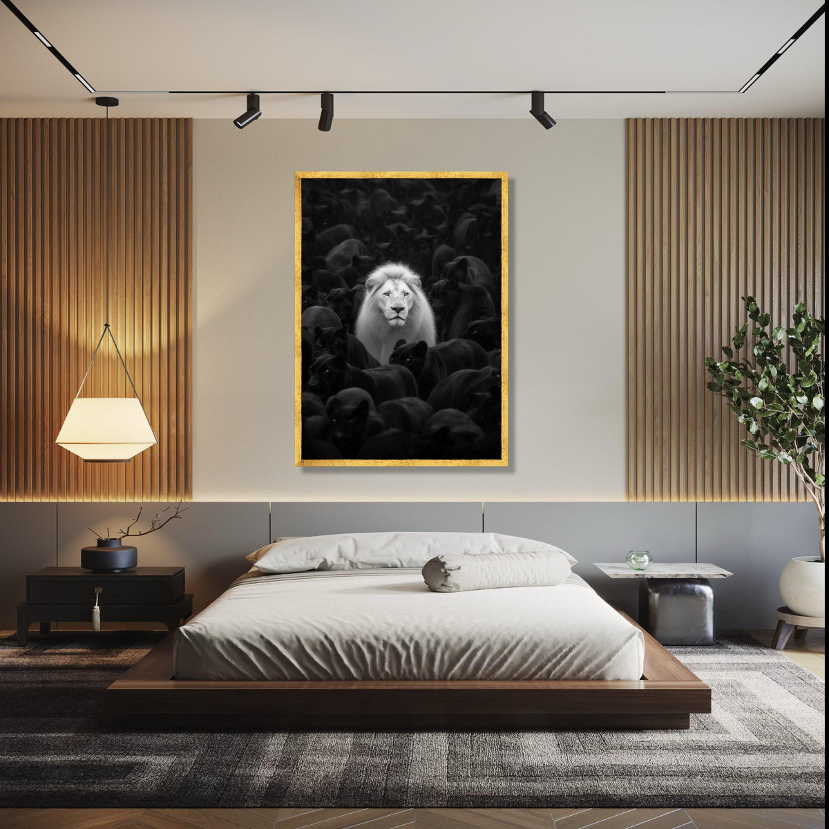 White Lion Among Black Panthers Canvas, Wildlife Contrast Wall Art, Bold Animal Portrait, Monochrome Safari Gift Art, Home Decor, Print