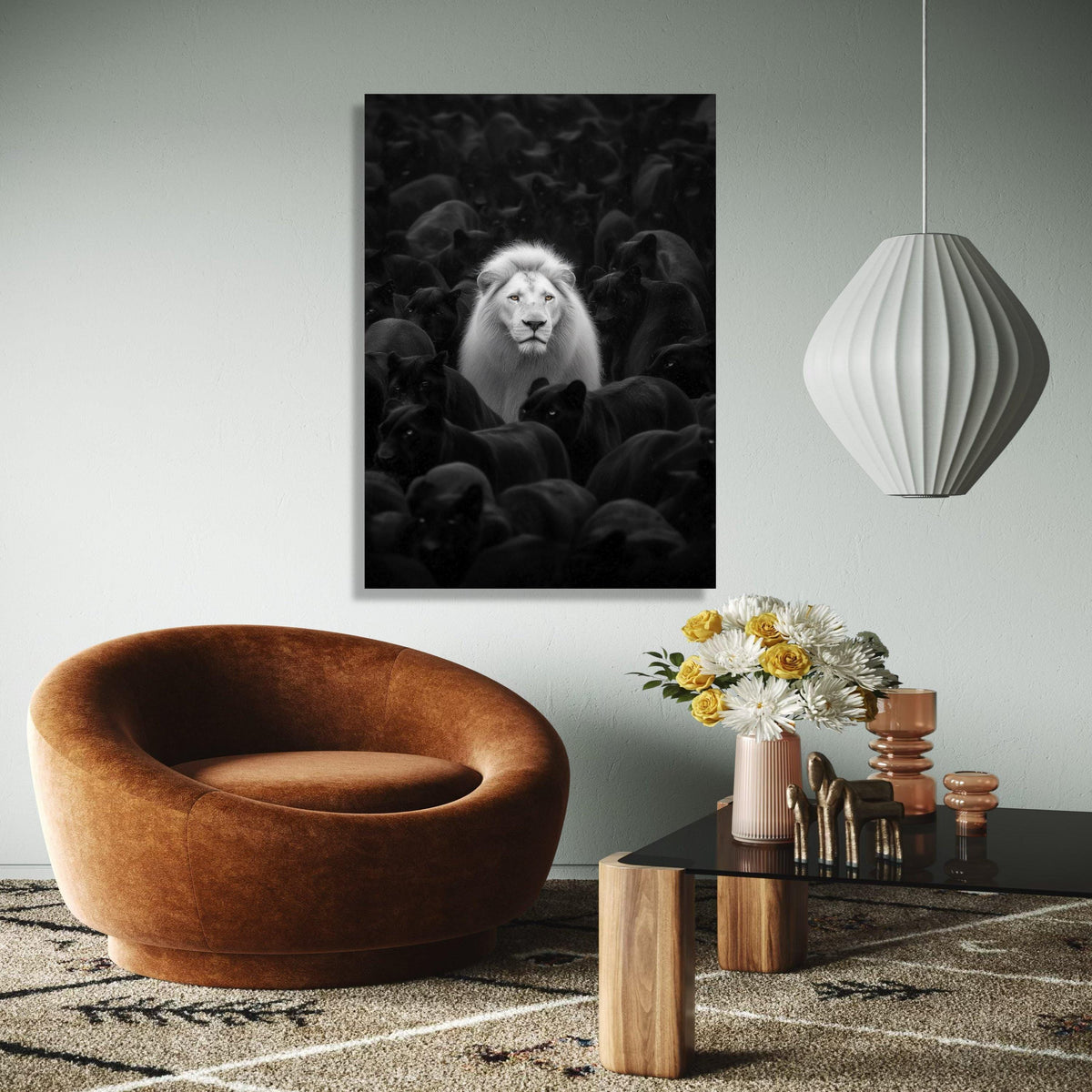 White Lion Among Black Panthers Canvas, Wildlife Contrast Wall Art, Bold Animal Portrait, Monochrome Safari Gift Art, Home Decor, Print