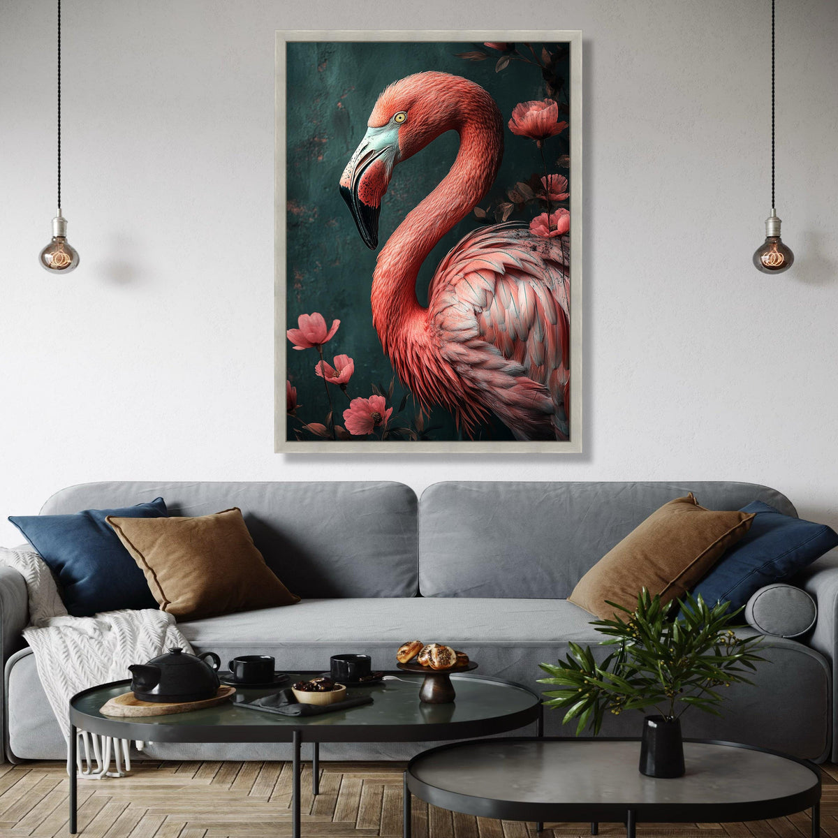 Elegant Flamingo Portrait Canvas, Tropical Bird Wall Art, Pink Feather Detail, Floral Nature Canvas Decor, Ready Gift Art, Home Decor, Print