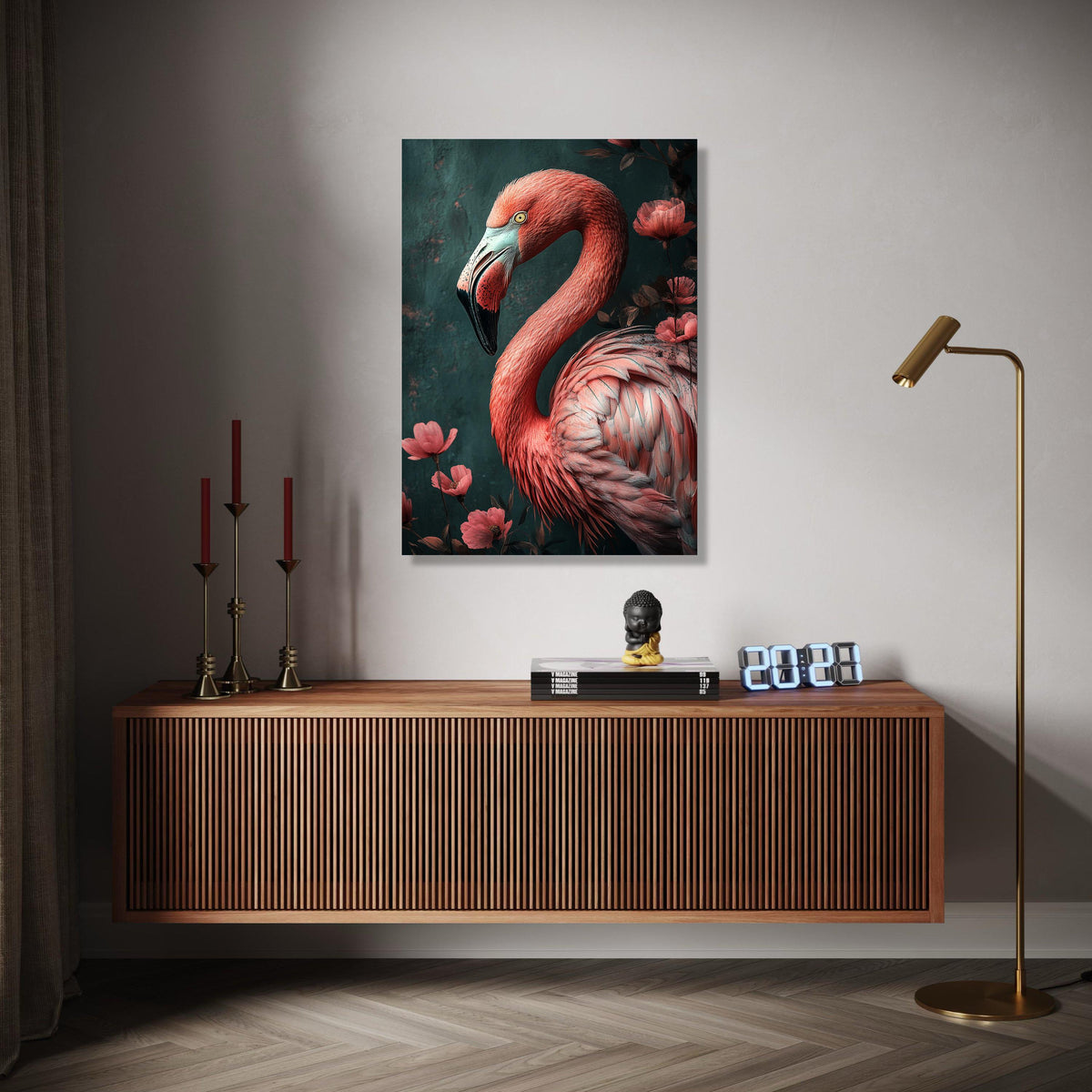 Elegant Flamingo Portrait Canvas, Tropical Bird Wall Art, Pink Feather Detail, Floral Nature Canvas Decor, Ready Gift Art, Home Decor, Print