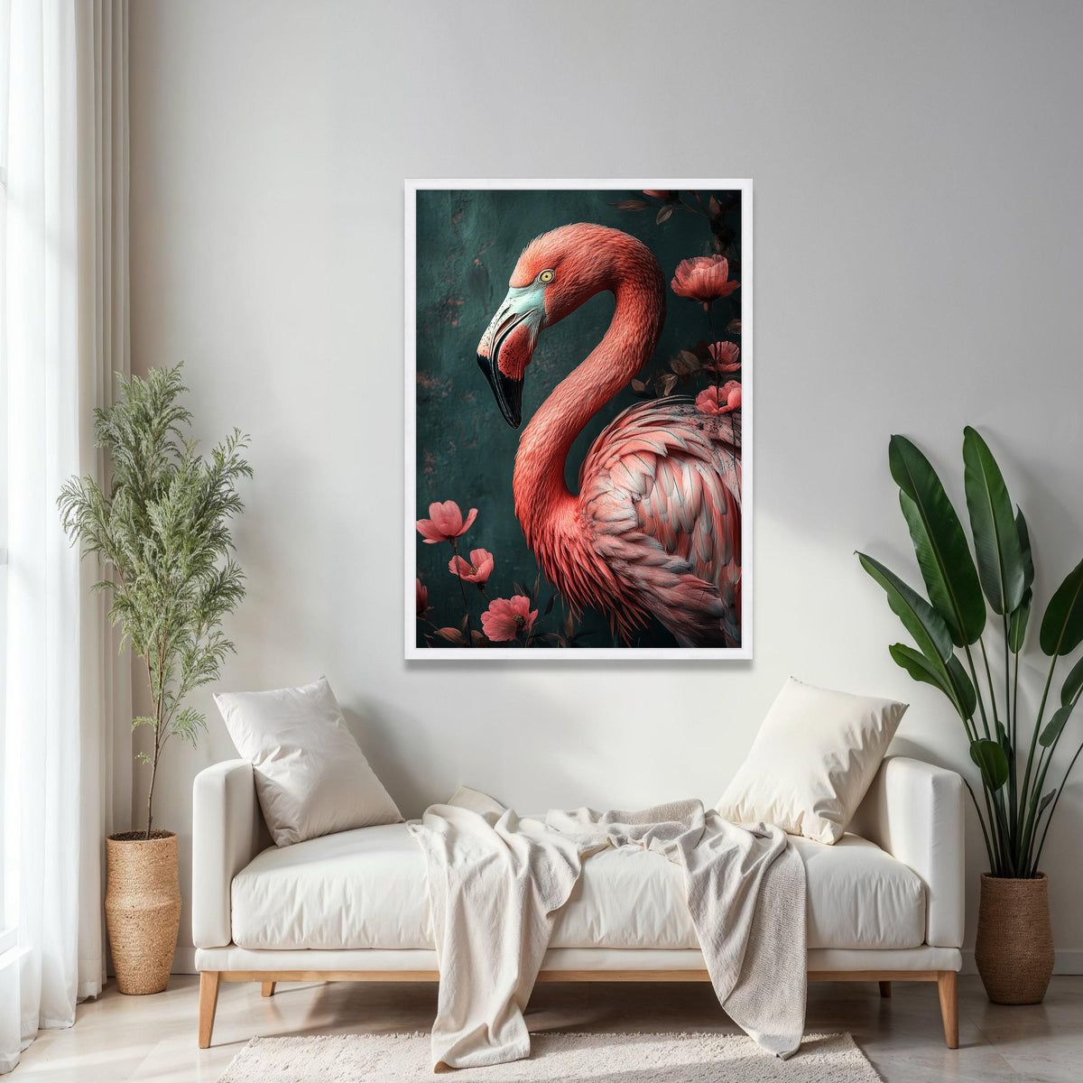 Elegant Flamingo Portrait Canvas, Tropical Bird Wall Art, Pink Feather Detail, Floral Nature Canvas Decor, Ready Gift Art, Home Decor, Print