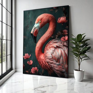 Elegant Flamingo Portrait Canvas, Tropical Bird Wall Art, Pink Feather Detail, Floral Nature Canvas Decor, Ready Gift Art, Home Decor, Print