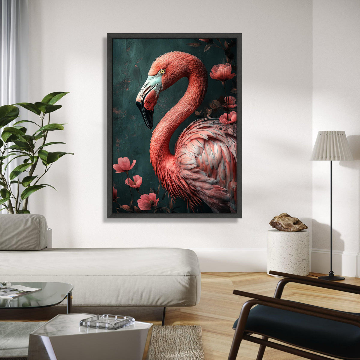 Elegant Flamingo Portrait Canvas, Tropical Bird Wall Art, Pink Feather Detail, Floral Nature Canvas Decor, Ready Gift Art, Home Decor, Print