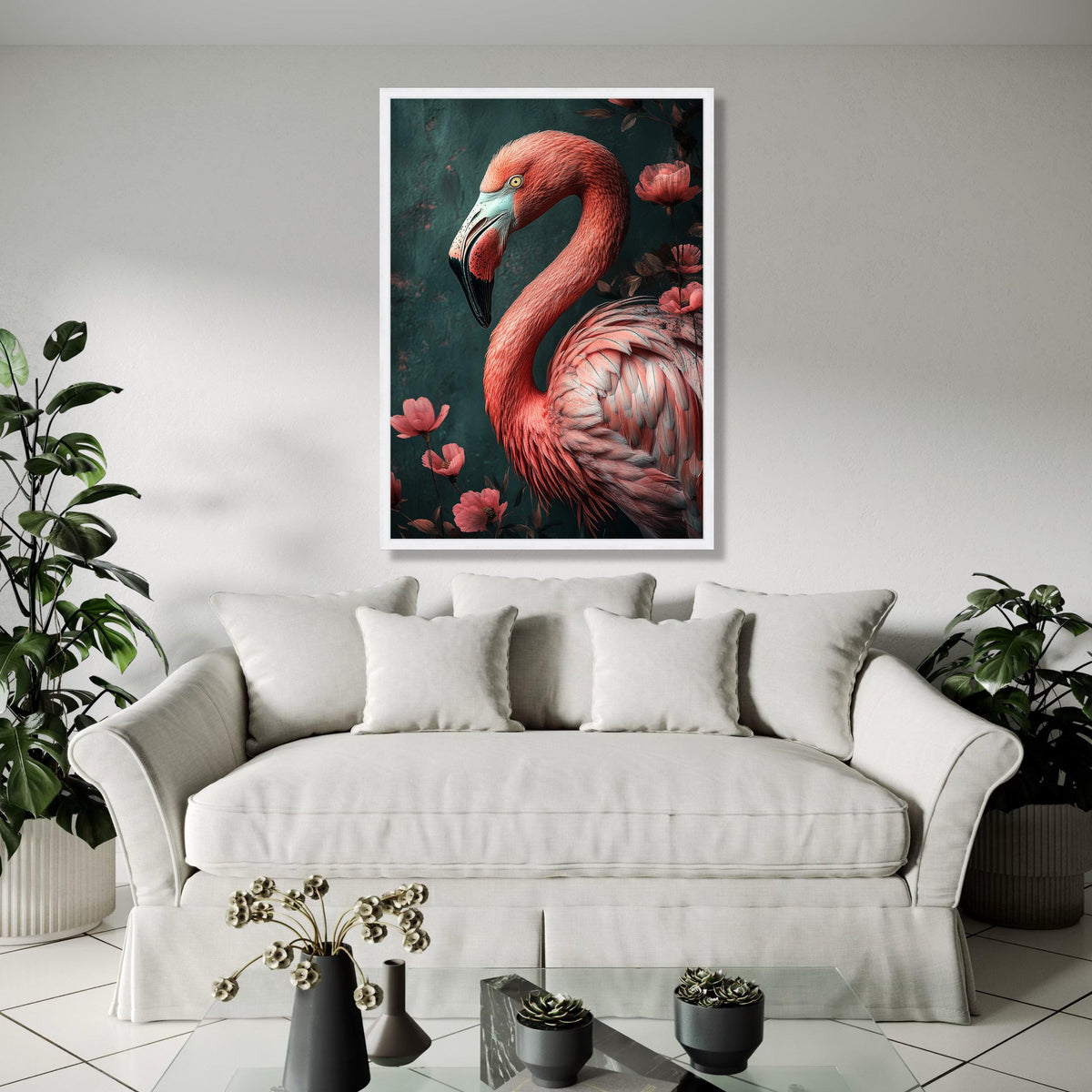 Elegant Flamingo Portrait Canvas, Tropical Bird Wall Art, Pink Feather Detail, Floral Nature Canvas Decor, Ready Gift Art, Home Decor, Print